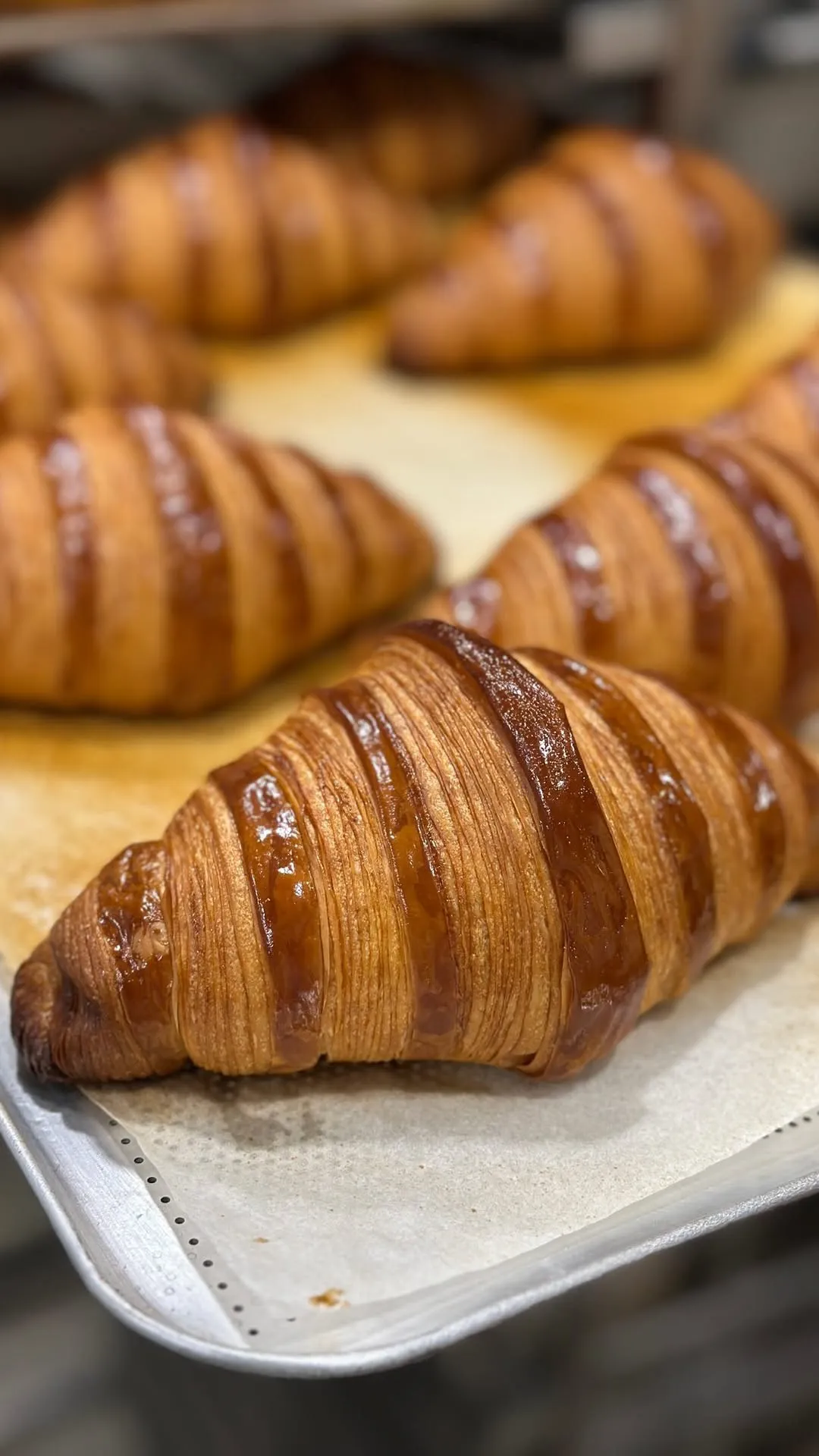 Croissants recién horneados en la bandeja